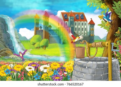 Cartoon Scene With Traditional Well Hidden Near The Forest Beautiful Waterfall Rainbow And Castle In The Background Illustration For Children