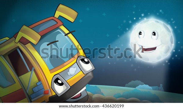 Cartoon scene of a\
truck looking to the moon - moon is smiling to the bus - night -\
illustration for\
children