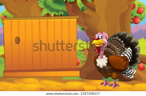 cartoon scene with turkey on the farm in the\
garden illustration for\
children