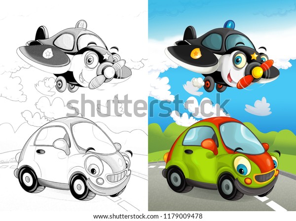 cartoon scene with vehicles on\
the street - police plane and car - illustration for\
children