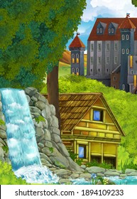 cartoon scene with waterfall and with farm ranch house and castle in forest illustration