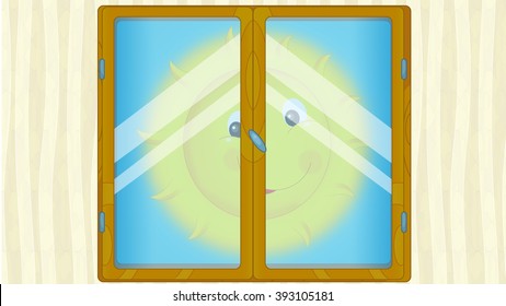 Cartoon scene with weather in the window - sunny - illustration for children - Shutterstock ID 393105181