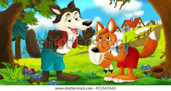 Cartoon Scene Wolf Fox Talking Each Stock Illustration 415563565