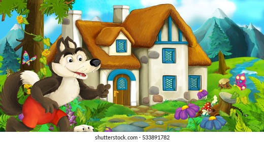 Cartoon Scene Fox Encountering Traditional House Stock Illustration ...