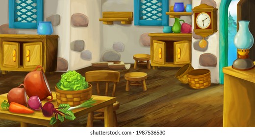 Cartoon Scene With Wooden House Interior Kitchen On Farm Ranch Illustration For Children