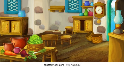 Cartoon Scene With Wooden House Interior Kitchen On Farm Ranch Illustration For Children