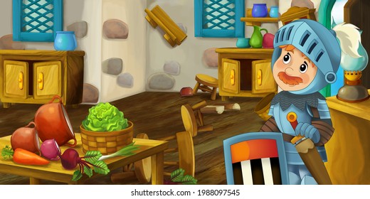 Cartoon Scene With Wooden House Interior Kitchen On Farm Ranch With Knight Illustration For Children