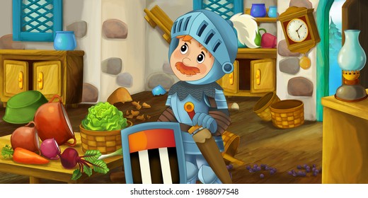 Cartoon Scene With Wooden House Interior Kitchen On Farm Ranch With Knight Illustration For Children