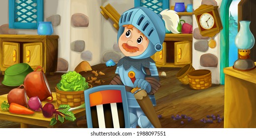 Cartoon Scene With Wooden House Interior Kitchen On Farm Ranch With Knight Illustration For Children