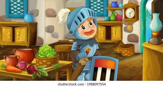 Cartoon Scene With Wooden House Interior Kitchen On Farm Ranch With Knight Illustration For Children