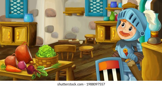 Cartoon Scene With Wooden House Interior Kitchen On Farm Ranch With Knight Illustration For Children