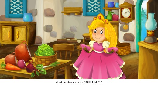 Cartoon Scene With Wooden House Interior Kitchen On Farm Ranch With Princess Illustration For Children