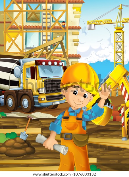 cartoon scene with\
workers on construction site - builders doing different things -\
illustration for\
children