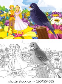cartoon scene with young beautiful tiny girl princess and prince in the forest with a wild bird illustration with sketchbook