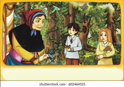 cartoon scene with young boy and girl in the forest meeting old woman and talking to her
