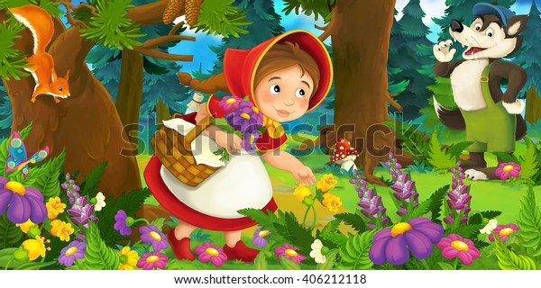 Cartoon scene of young girl meeting a wolf - illustration for children