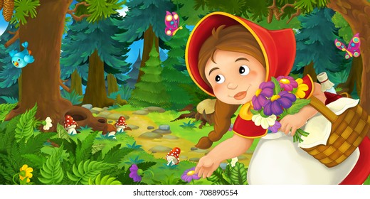 Cartoon Scene With Young Girl Walking Through The Forest - Illustration For Children