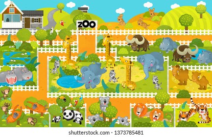 cartoon scene with zoo and tropical animals - illustration for children