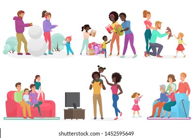 Cartoon Scenes Of Family Life Set. Mother, Father, Daughter And Son. Parents With Kids Watching TV, Walking, Playing Snowballs And Playing Outside Illustration.