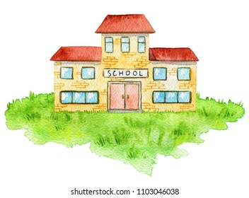 Cartoon school building on the lawn isolated on white background. Watercolor hand painted illustration