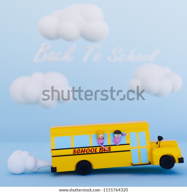 cartoon\
of school bus 3d render .Back to school\
concept.