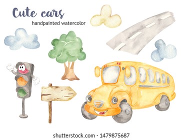 Cartoon School Bus, Road, Tree And Traffic Light Watercolor Set Clipart