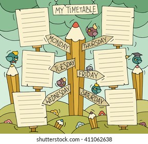 Cartoon school timetable with little cute bird character and signpost. Set of days of week. Schedule of lessons for students. Hand drawn illustration.  - Powered by Shutterstock