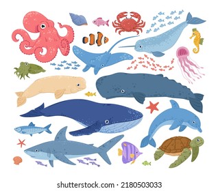 Cartoon sea, underwater life, marine animals, turtle and dolphin. Ocean wild life, underwater animals, shark, whale, octopus and fish symbols illustrations set. Marine underwater creatures - Powered by Shutterstock