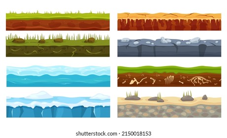 Cartoon Seamless Ground Texture, Game Foreground Design Elements. Grass, Soil, Desert, Ice, Ocean Gaming Landscape Grounds  Set. Rock And Land Level Structures, Geology Concept