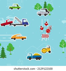 Cartoon Seamless Pattern With Cars, Traffic Signs, Wrecker