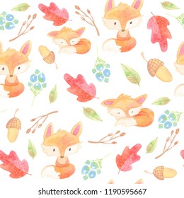 cartoon seamless pattern. watercolor illustration. autumn, harvest, leaves, baby fox, mushrooms, berries, oak on white background