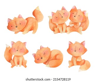 Cartoon set - cute foxes characters, sleeping fox, foxes couple. Watercolor illustration.