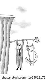 Cartoon Showing A Business Man And A Dollar Sign Barely Hanging On To A Tree Limb.