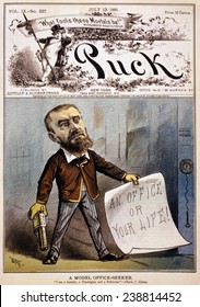 Cartoon Showing Presidential Assassin Charles J. Guiteau Holding Pistol And Paper Reading, 'an Office Or Your Life!'. Color Lithograph, 1881