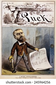 Cartoon Showing Presidential Assassin Charles J. Guiteau Holding Pistol And Paper Reading An Office Or Your Life 1881