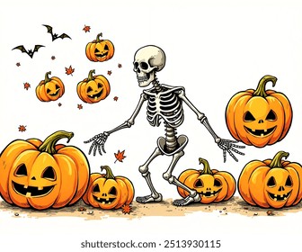 A cartoon skeleton is surrounded by pumpkins. The skeleton is walking, with its arms outstretched. The pumpkins are various sizes and have carved faces with jack-o'-lantern smiles. There are also bats - Powered by Shutterstock