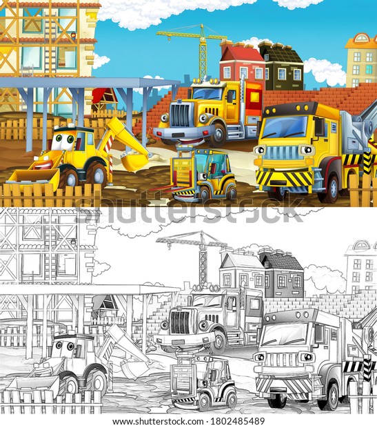 cartoon sketch construction site with cars -\
illustration for\
children