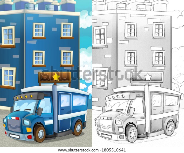 Cartoon sketch happy and funny police car - van\
- illustration for\
children