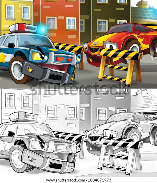 cartoon sketch police car\
officer on the road block stopping speeding car - illustration for\
children