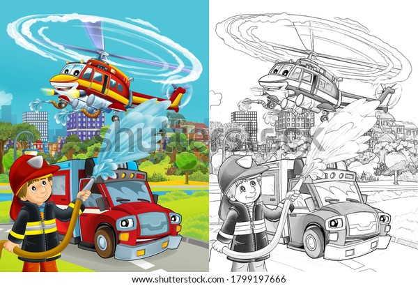 cartoon sketch scene\
with fire brigade car vehicle on the road and fireman worker -\
illustration for\
children