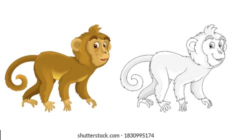 cartoon sketch scene with monkey ape on white background - illustration for children