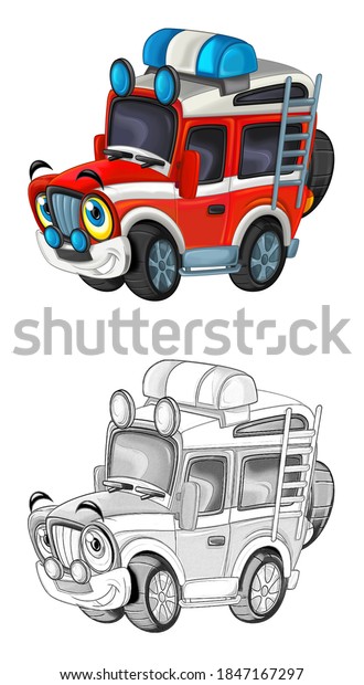 cartoon sketch scene with off road fireman car -\
illustration for\
children