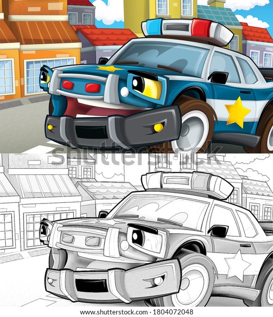 cartoon sketch scene with\
police car driving through the city - illustration for\
children