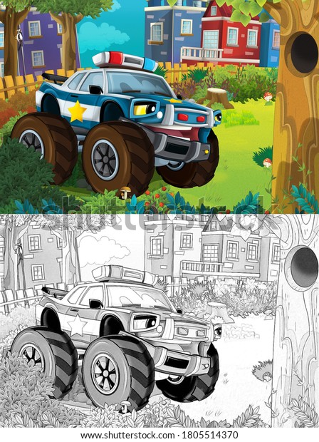 cartoon\
sketch scene with police car and sports car car at city police\
station and policeman - illustration for\
children