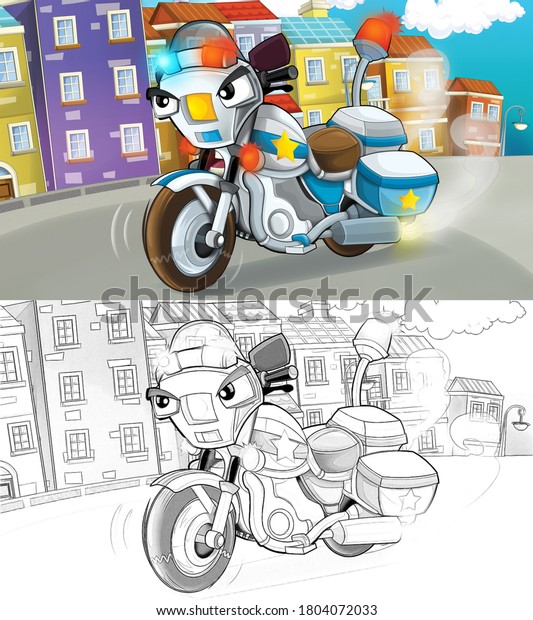cartoon sketch\
scene with police motorcycle driving through the city policeman -\
illustration for\
children