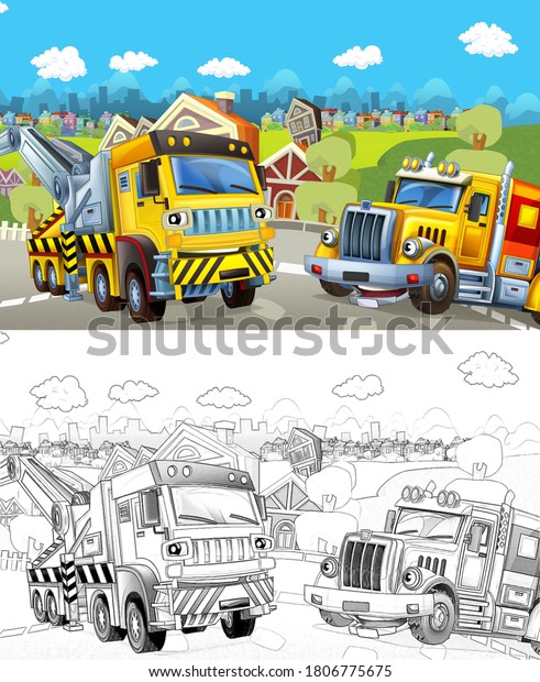 Cartoon sketch scene with tow truck on the\
street - illustration for\
childrenren