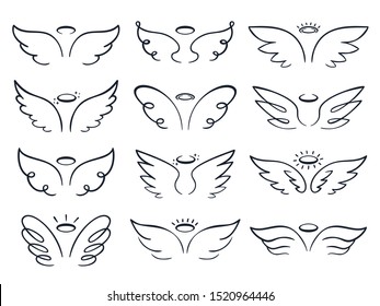 Cartoon sketch wing. Hand drawn angels wings spread, winged icon doodle. Elegant angel wing and halo tattoo ink sketch.  illustration isolated symbols set