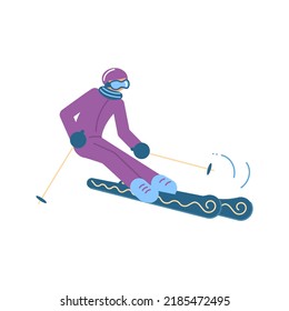 Cartoon Skier In Motion Isolated On White Background. Mountain Skiing Sportsman Character With Goggles And Ski Suit. Flat Art  Illustration.