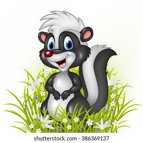 Cartoon skunk on grass background