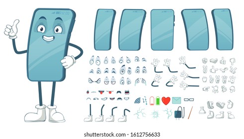 Cartoon smartphone mascot. Funny mobile phone character, smartphones screen with face legs and arms. Tablet gadget device display body constructor. Isolated  illustration symbols bundle
